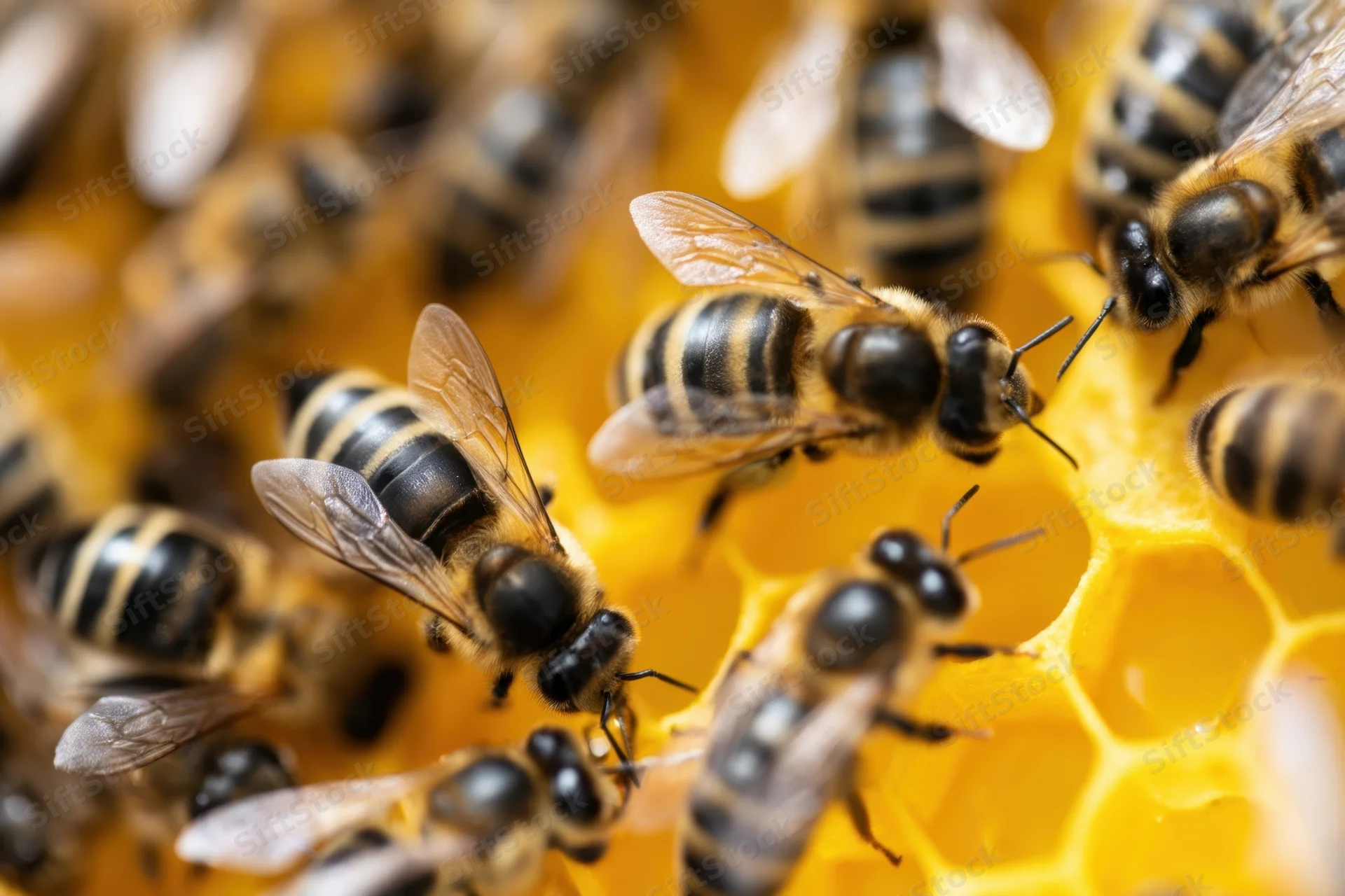 Honeybees crawling on honeycomb cells in a hive