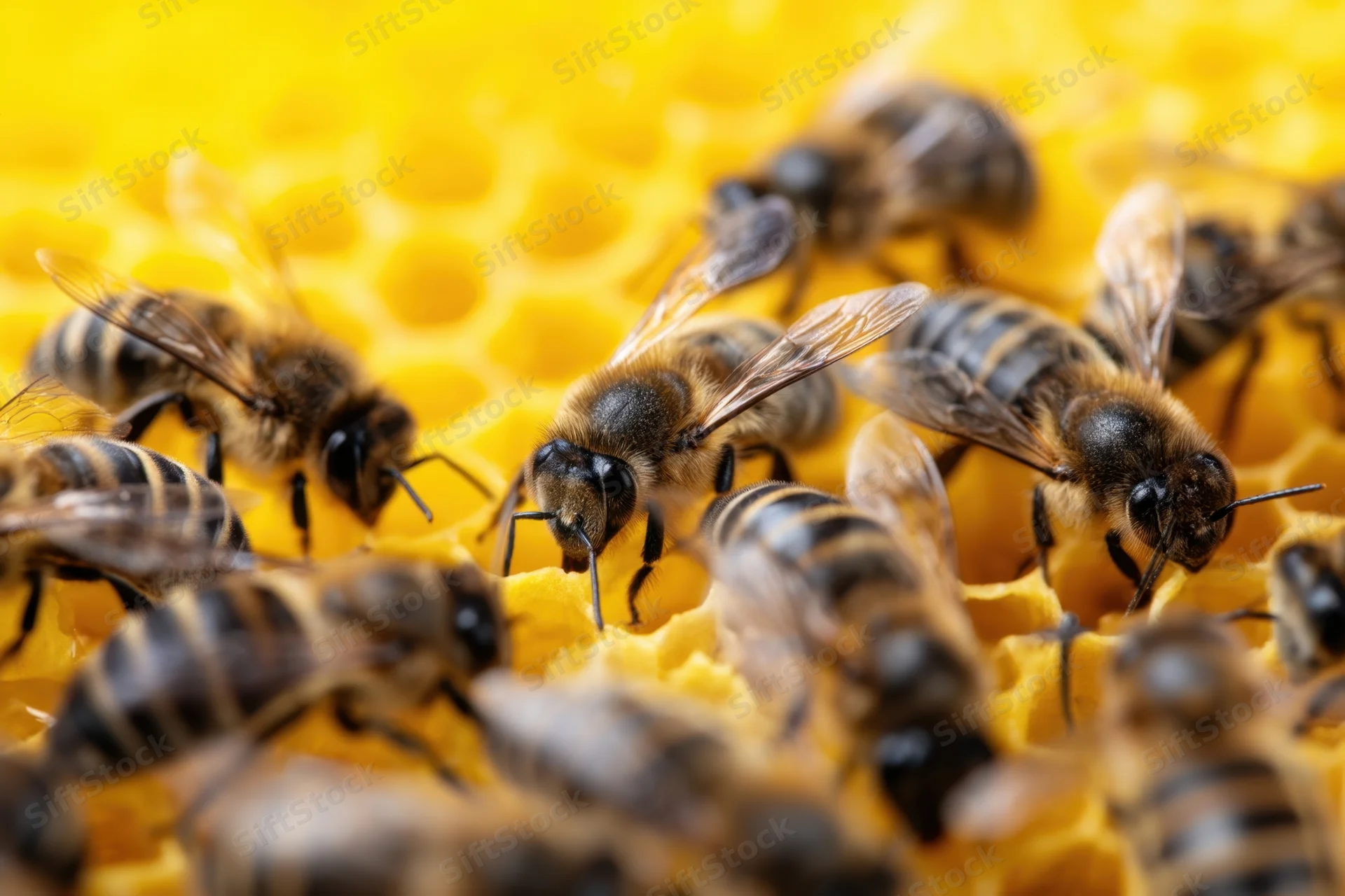 Honeybees crawling on a honeycomb structure in a hive