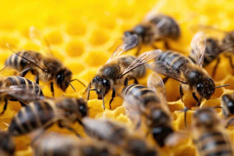 Honeybees crawling on a honeycomb structure in a hive