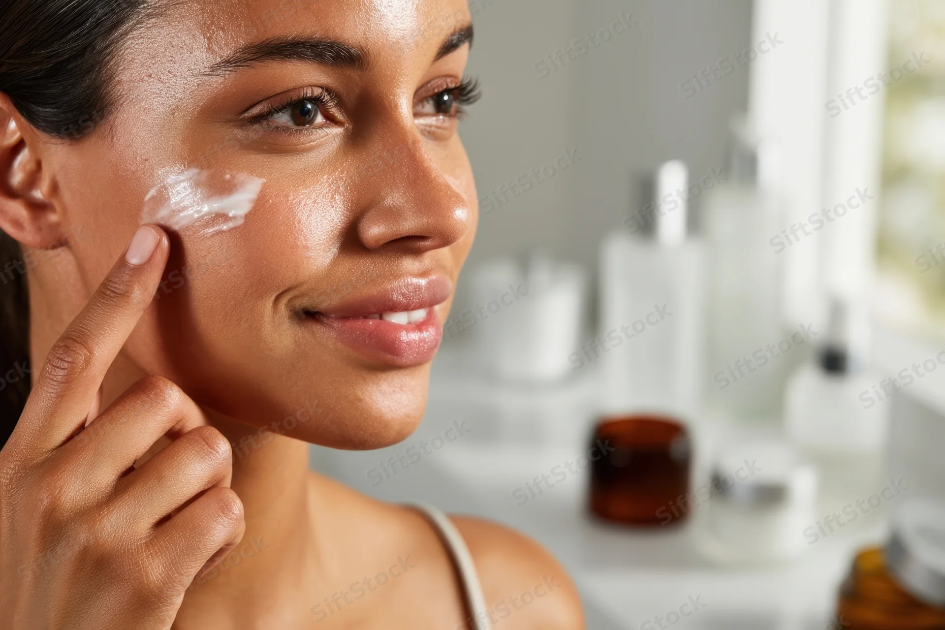 Woman applying cream to her face in a bathroom setting