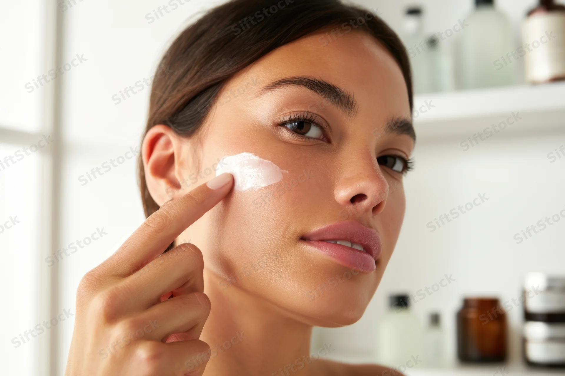 Woman applying cream to her face in a bathroom setting