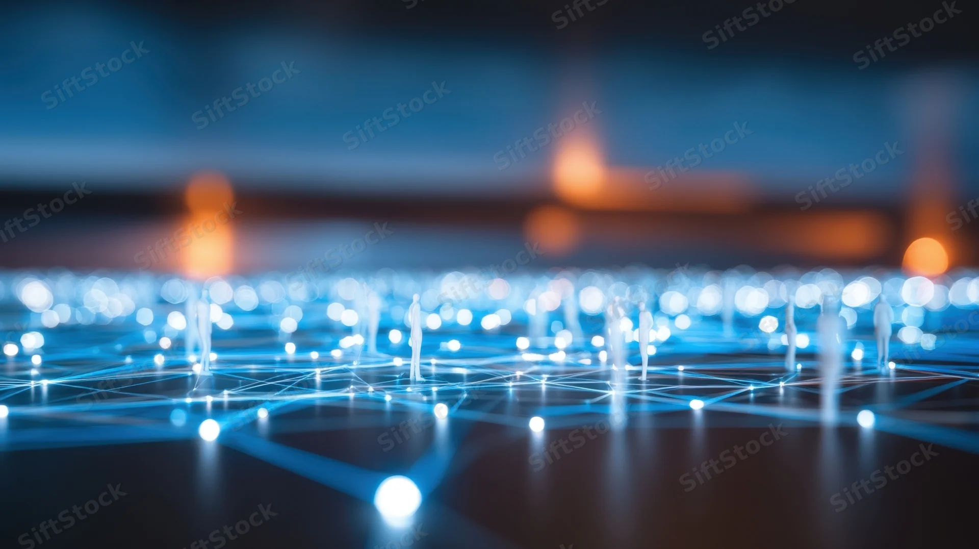 Glowing network of connected nodes on a dark surface with blue light trails and bokeh background