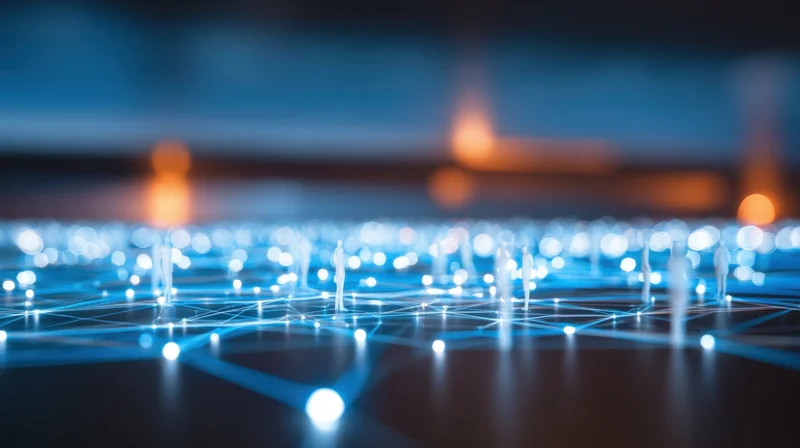 Glowing network of connected nodes on a dark surface with blue light trails and bokeh background