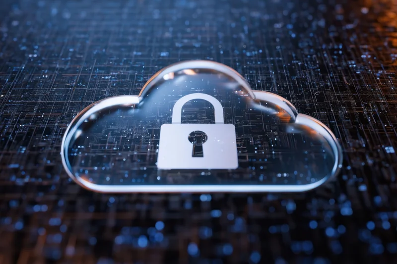 A cloud icon with a padlock symbol on a digital circuit background