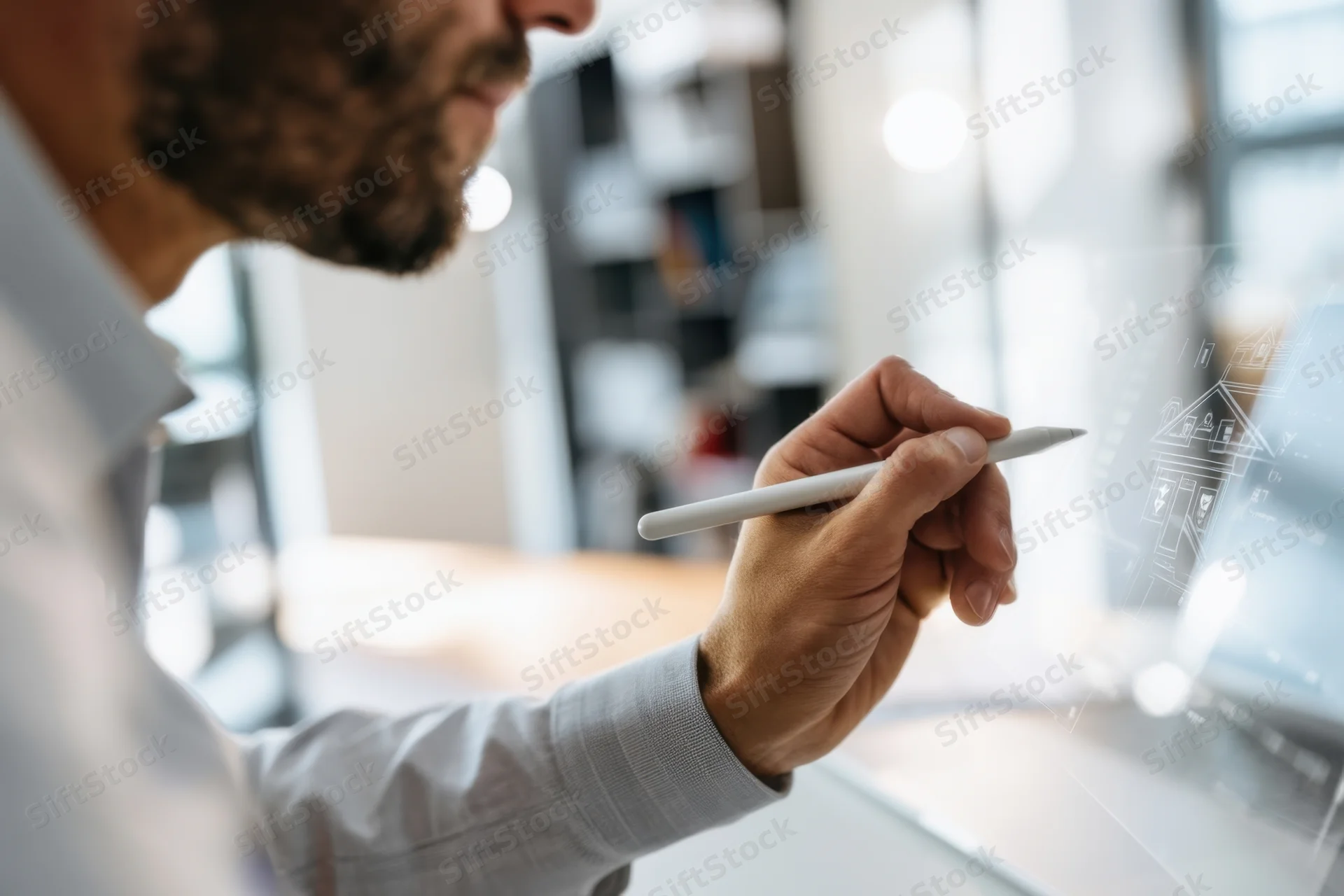 Man sketching a house design on a transparent digital screen in an office