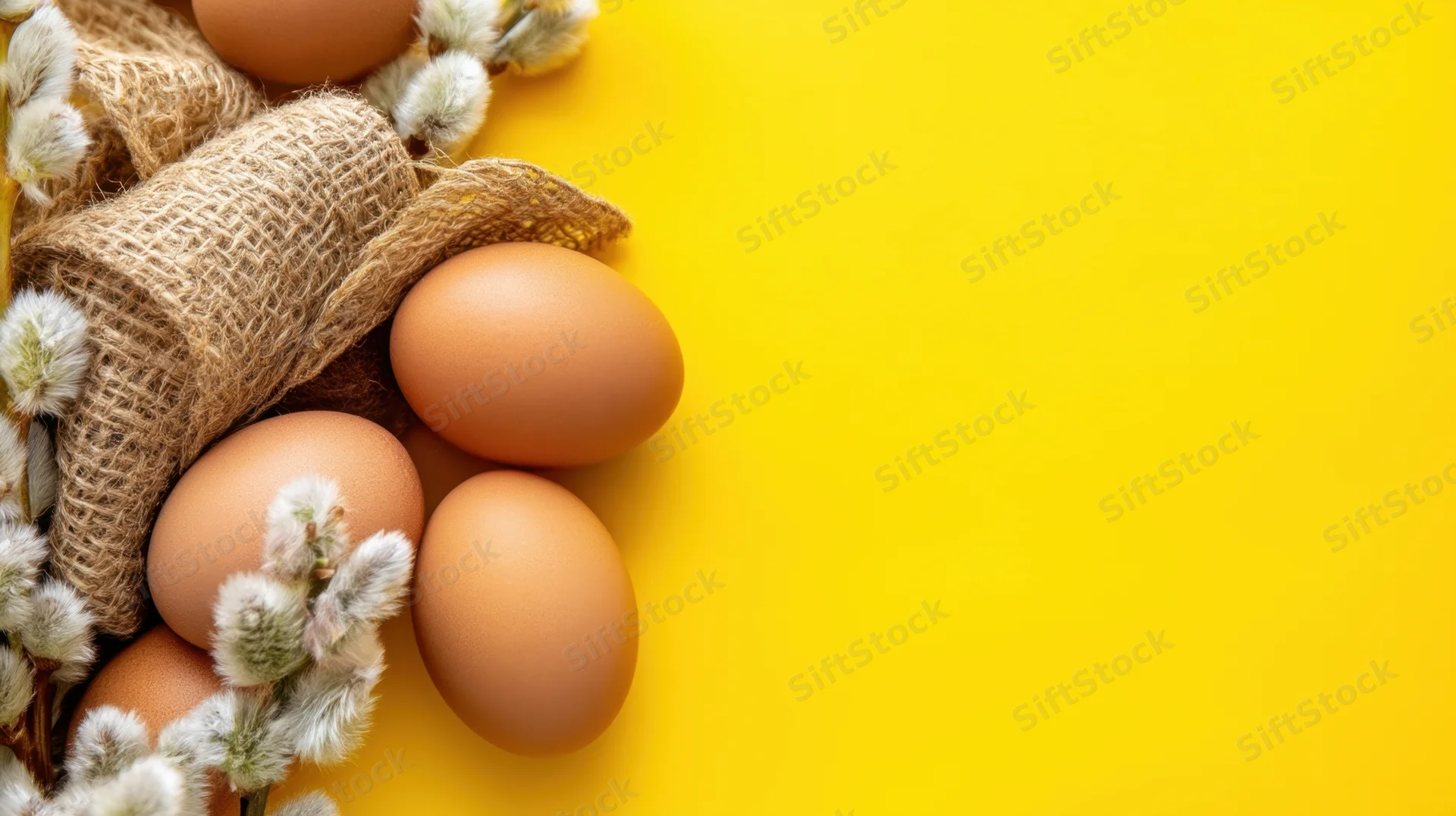 Brown eggs and willow branches arranged on yellow background with burlap cloth