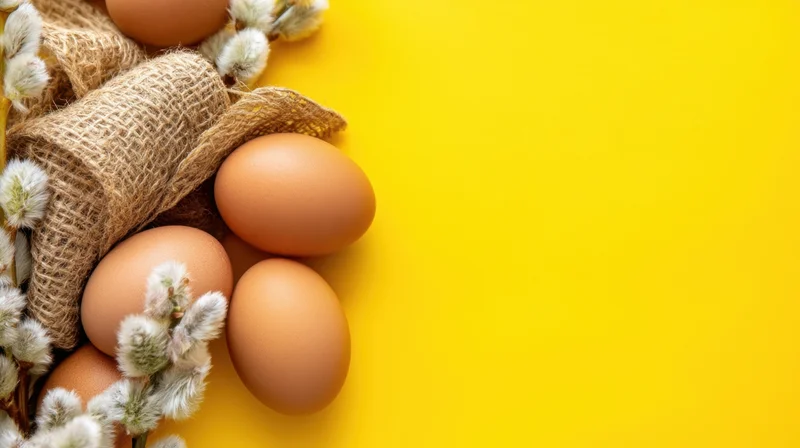 Brown eggs and willow branches arranged on yellow background with burlap cloth