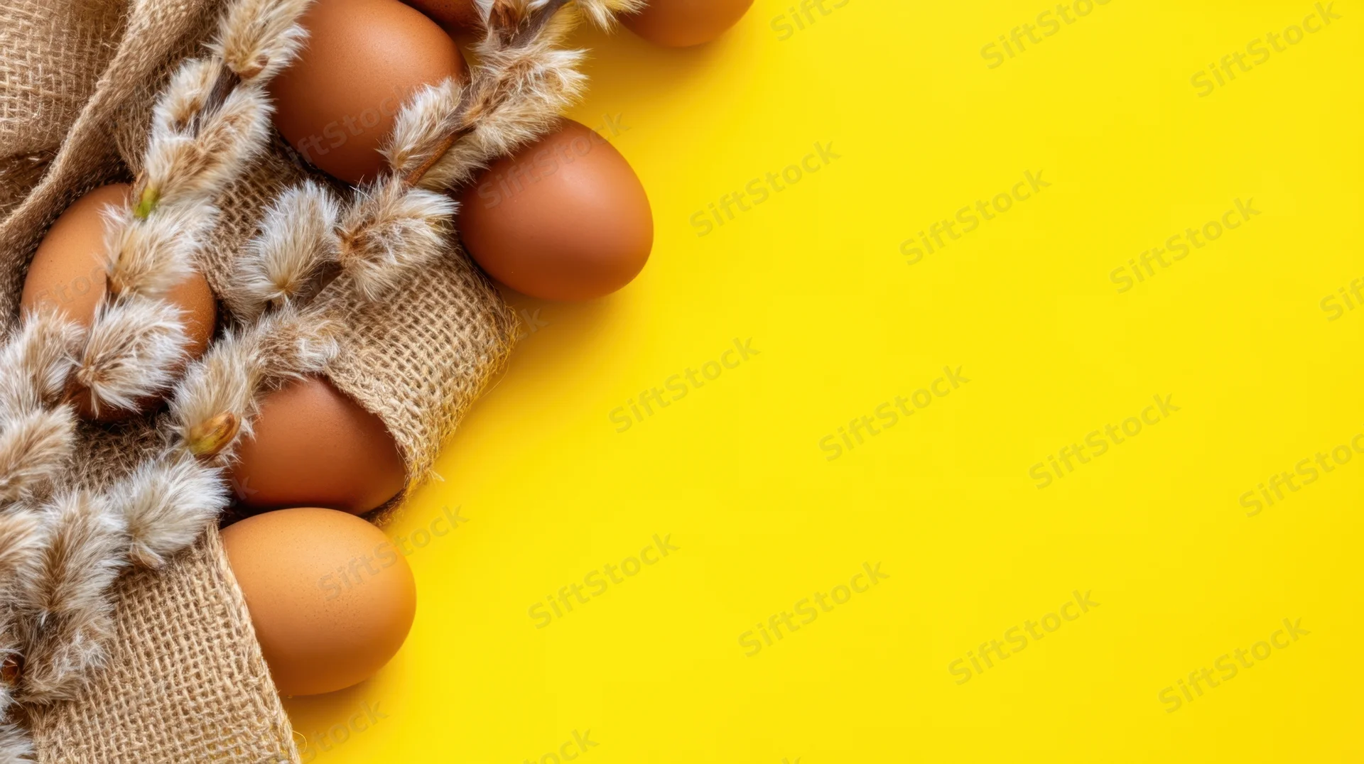Brown eggs and willow branches arranged on burlap fabric against yellow background