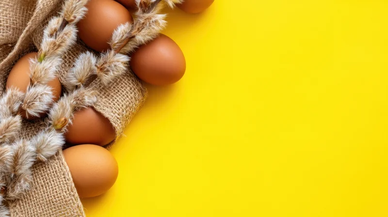 Brown eggs and willow branches arranged on burlap fabric against yellow background