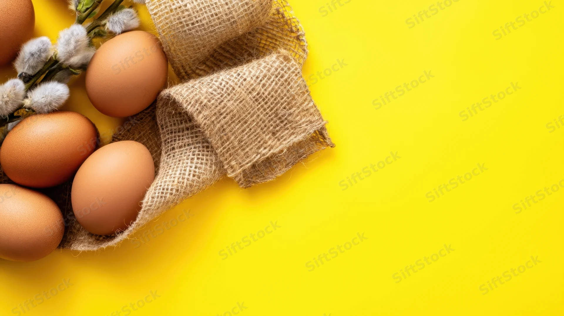 Brown eggs and willow branches on burlap fabric against yellow background