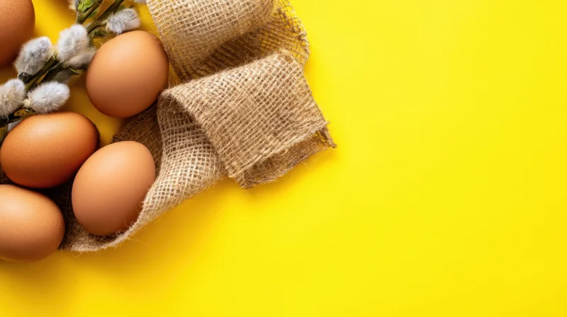 Brown eggs and willow branches on burlap fabric against yellow background