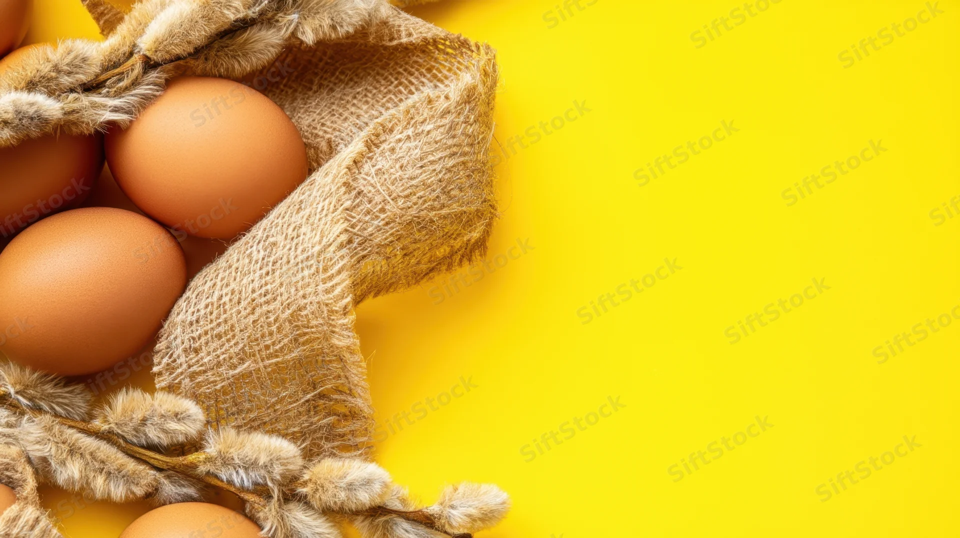 Brown eggs nestled in burlap and willow branches on a yellow background