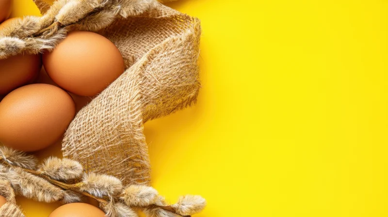 Brown eggs nestled in burlap and willow branches on a yellow background
