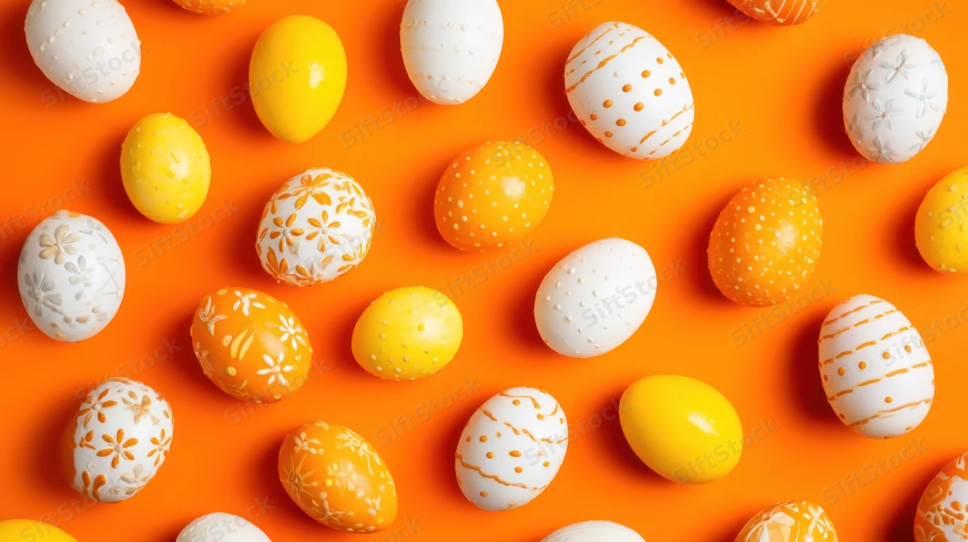 Decorated easter eggs arranged on orange surface in flat lay view