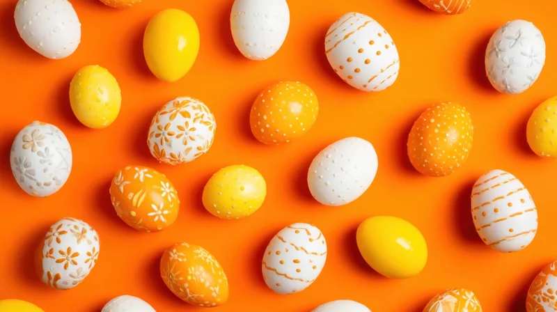 Decorated easter eggs arranged on orange surface in flat lay view