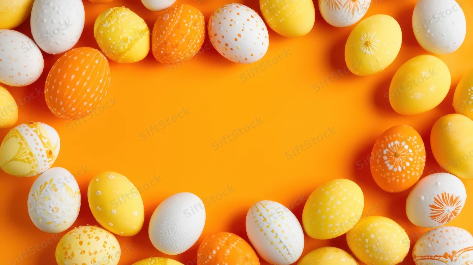 Decorated easter eggs arranged in a frame on orange background with copyspace