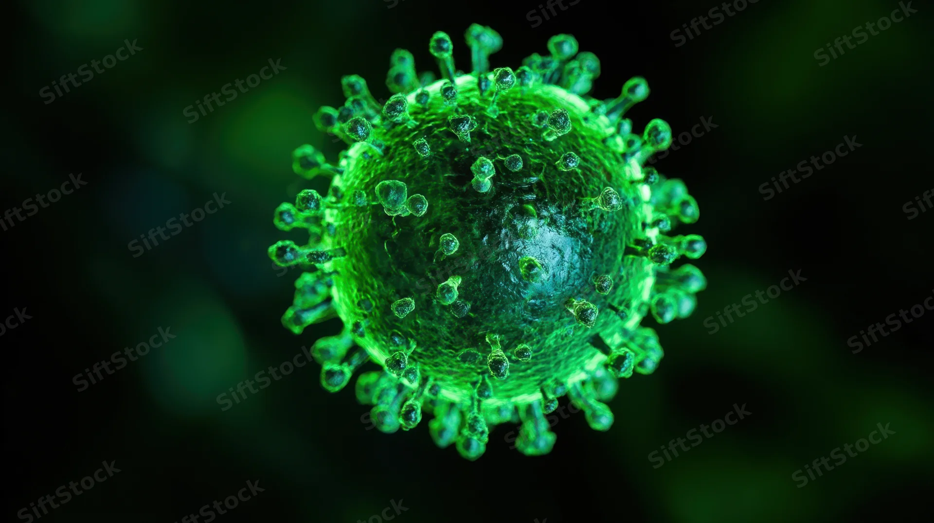 Green coronavirus particle floating in dark space