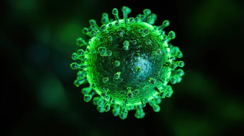 Green coronavirus particle floating in dark space