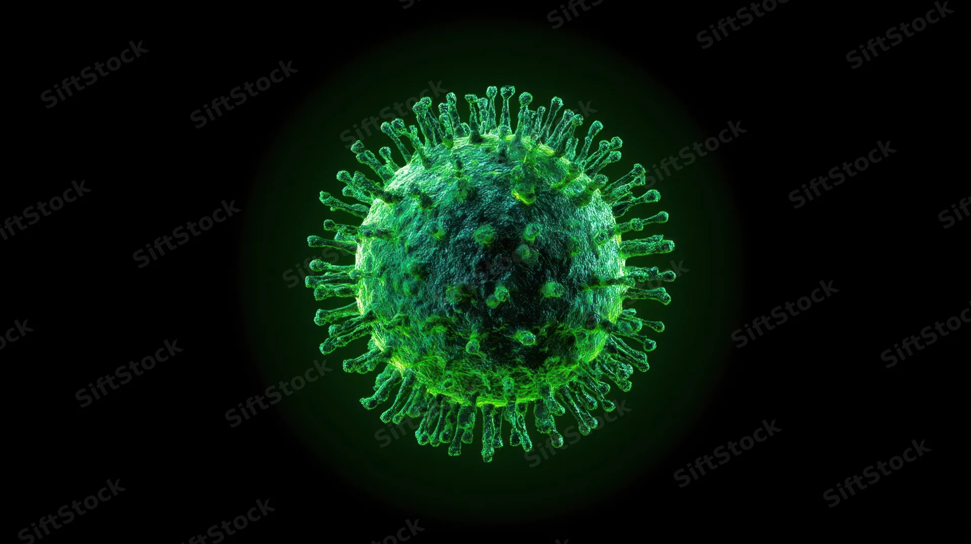 Green virus particle with spike proteins on black background