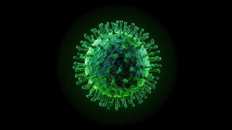 Green virus particle with spike proteins on black background