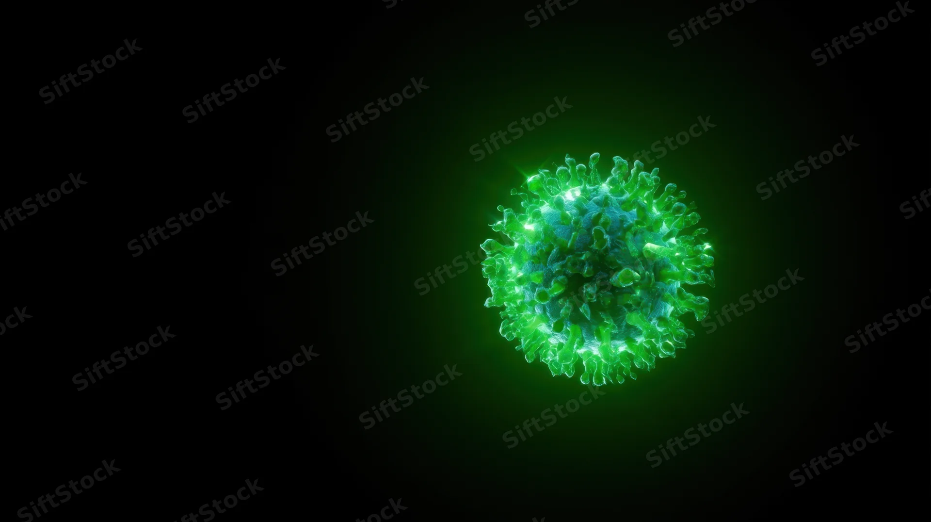 Glowing green virus particle floating in dark space