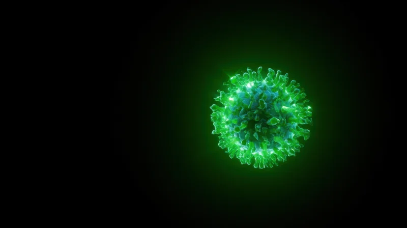 Glowing green virus particle floating in dark space