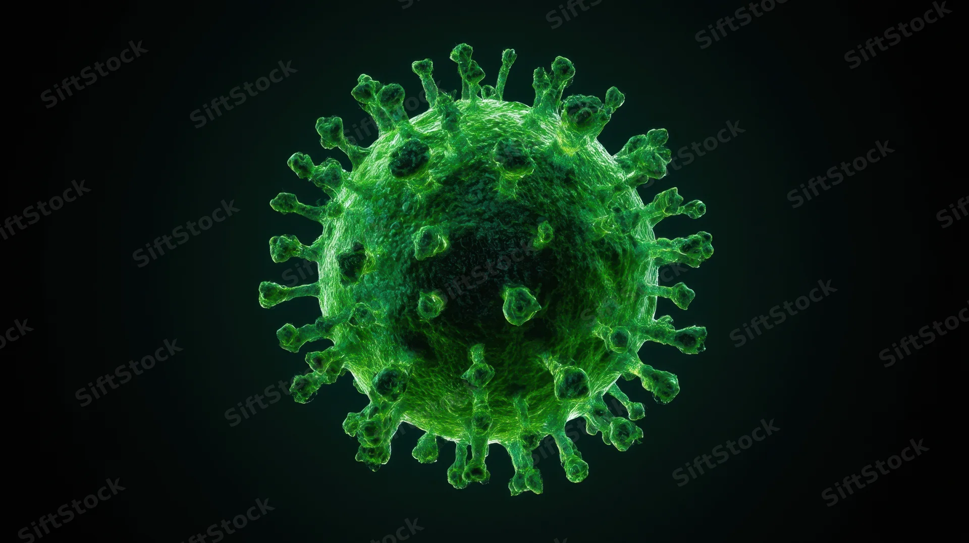 Green coronavirus particle with spike proteins isolated on dark background