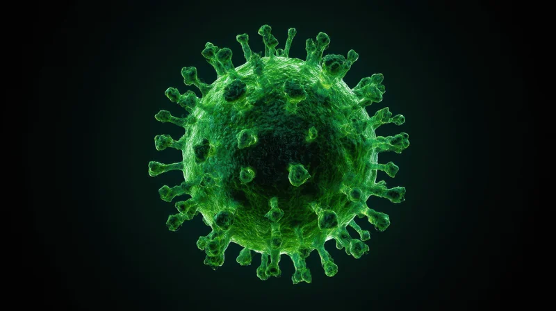 Green coronavirus particle with spike proteins isolated on dark background