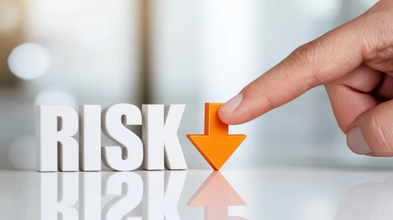 Finger pressing down arrow next to 3d risk letters on reflective surface