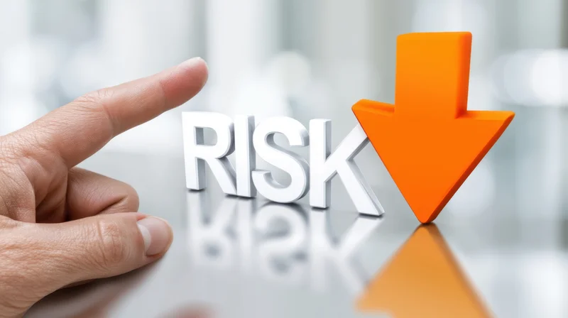 Hand pointing at 3d white letters spelling risk with orange down arrow on reflective surface in office setting