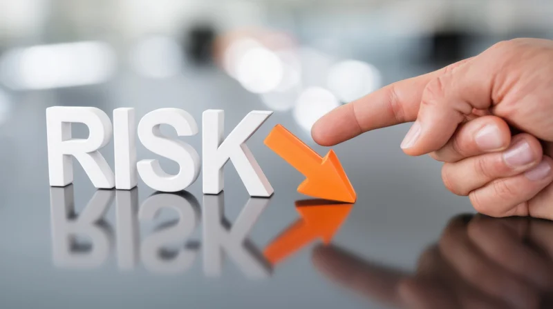 Hand pointing at orange down arrow next to white 3d letters spelling risk on reflective surface