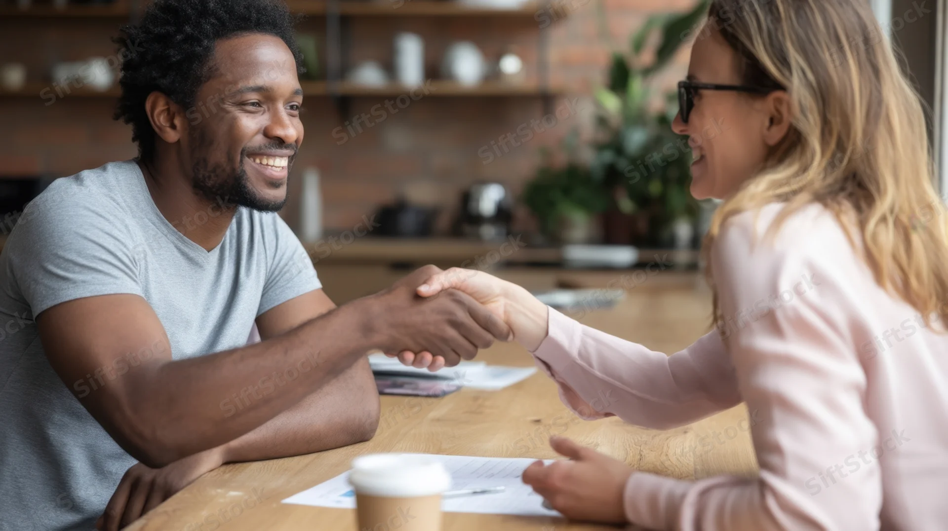 Man and woman shaking hands over documents at a wooden desk in an office setting