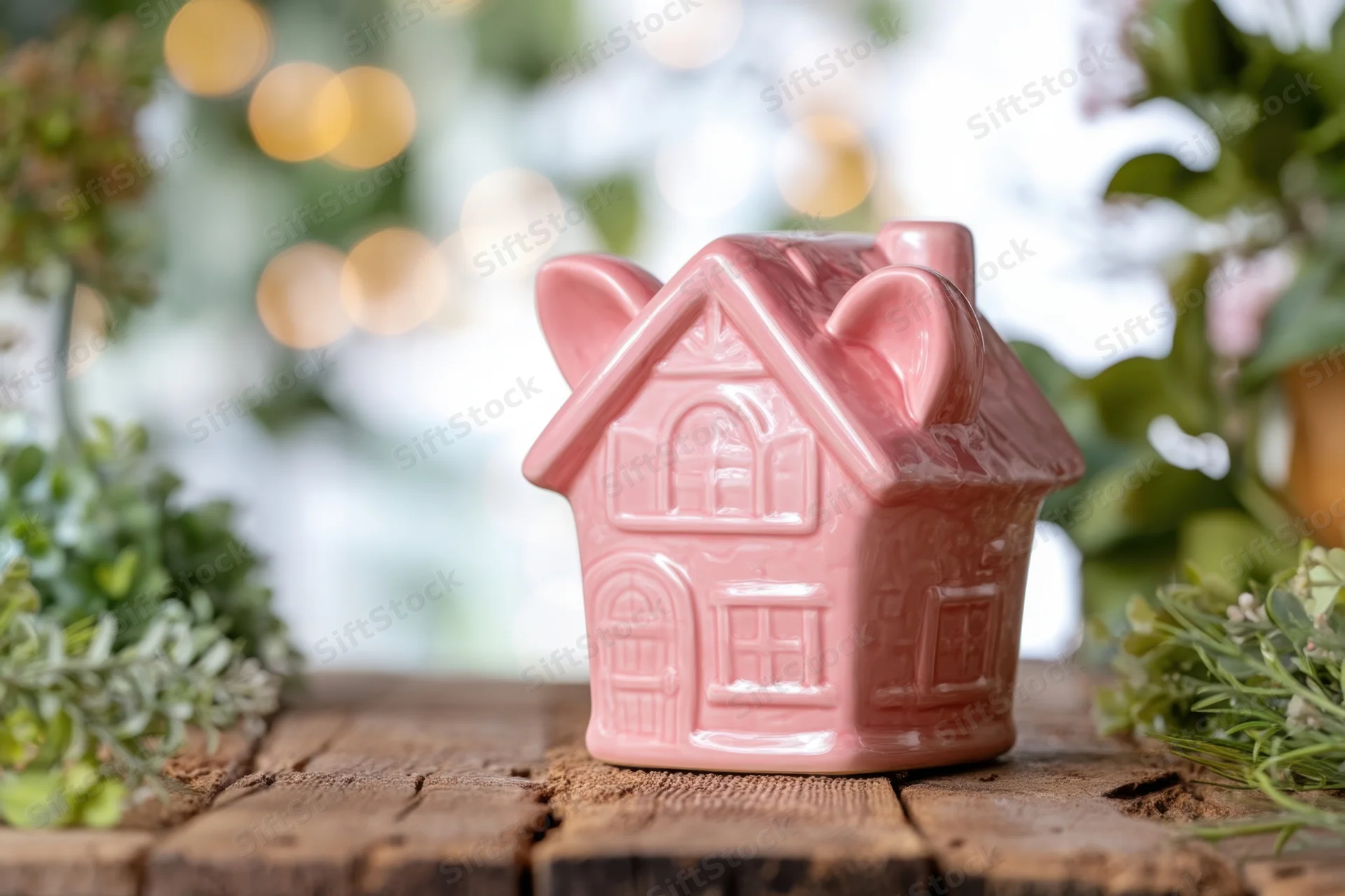 Pink ceramic house-shaped piggybank on wooden table surrounded by greenery and bokeh lights