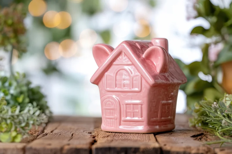 Pink ceramic house-shaped piggybank on wooden table surrounded by greenery and bokeh lights