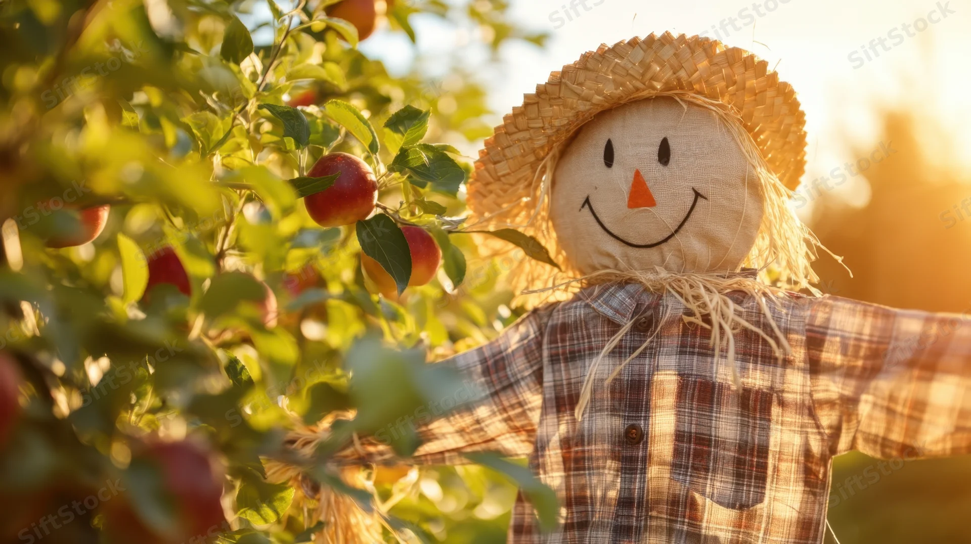 Scarecrow with straw hat and plaid shirt standing in apple orchard at golden hour
