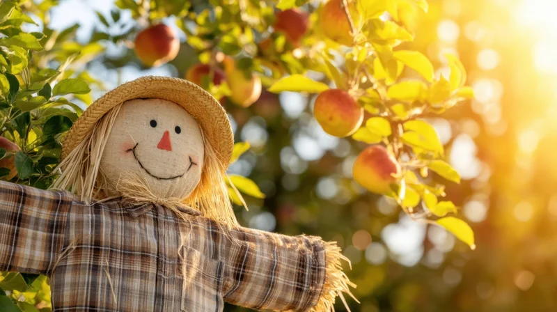 Scarecrow with smiling face and straw hat standing in apple orchard during autumn harvest