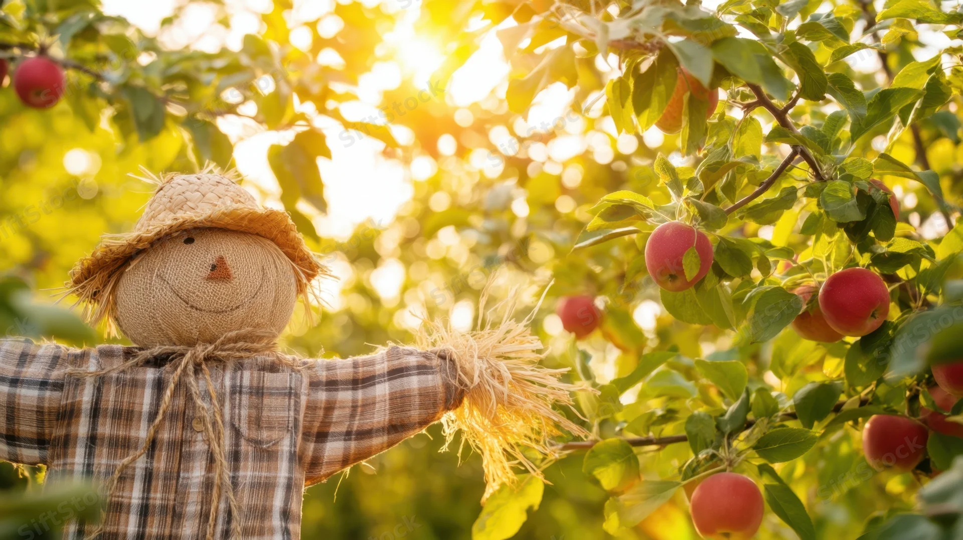 Scarecrow standing among apple trees in an orchard at golden hour