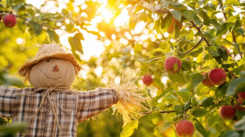 Scarecrow standing among apple trees in an orchard at golden hour