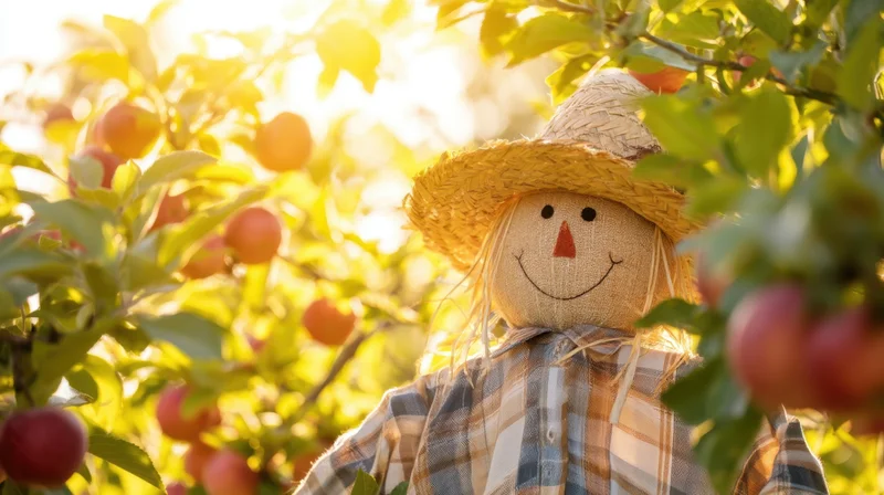 Scarecrow in plaid shirt and straw hat standing among apple trees in orchard at golden hour
