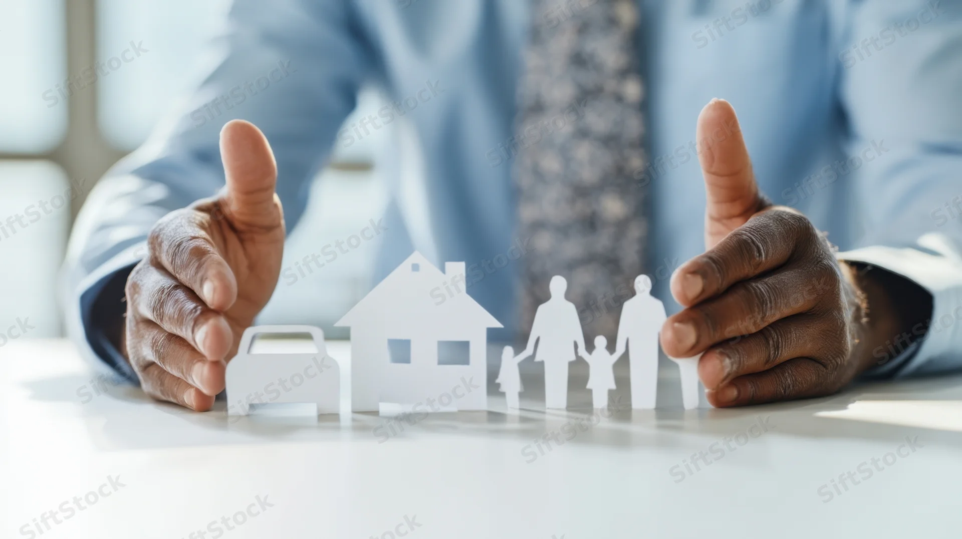 Man in suit giving thumbs up over paper cutouts of family, house and car on desk
