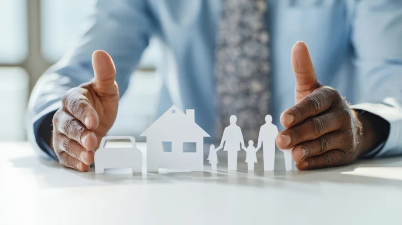 Man in suit giving thumbs up over paper cutouts of family, house and car on desk