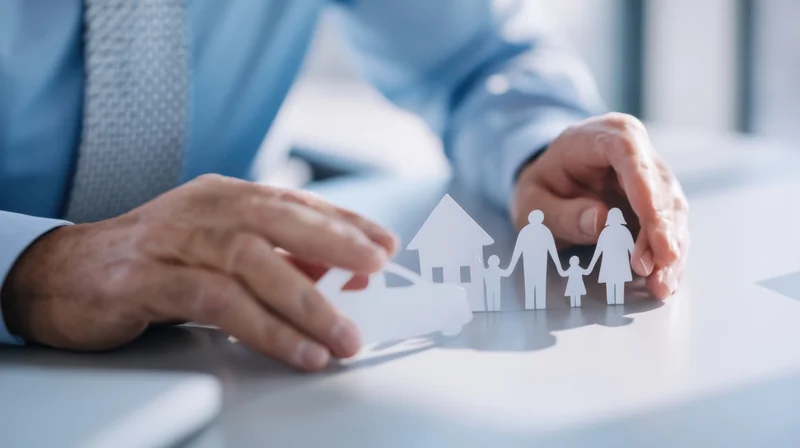 Financial advisor’s hands arranging paper cutouts of family, home, and car on office desk during consultation