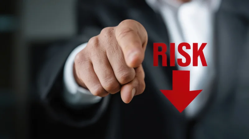 Man in suit pointing at red risk down arrow on digital screen