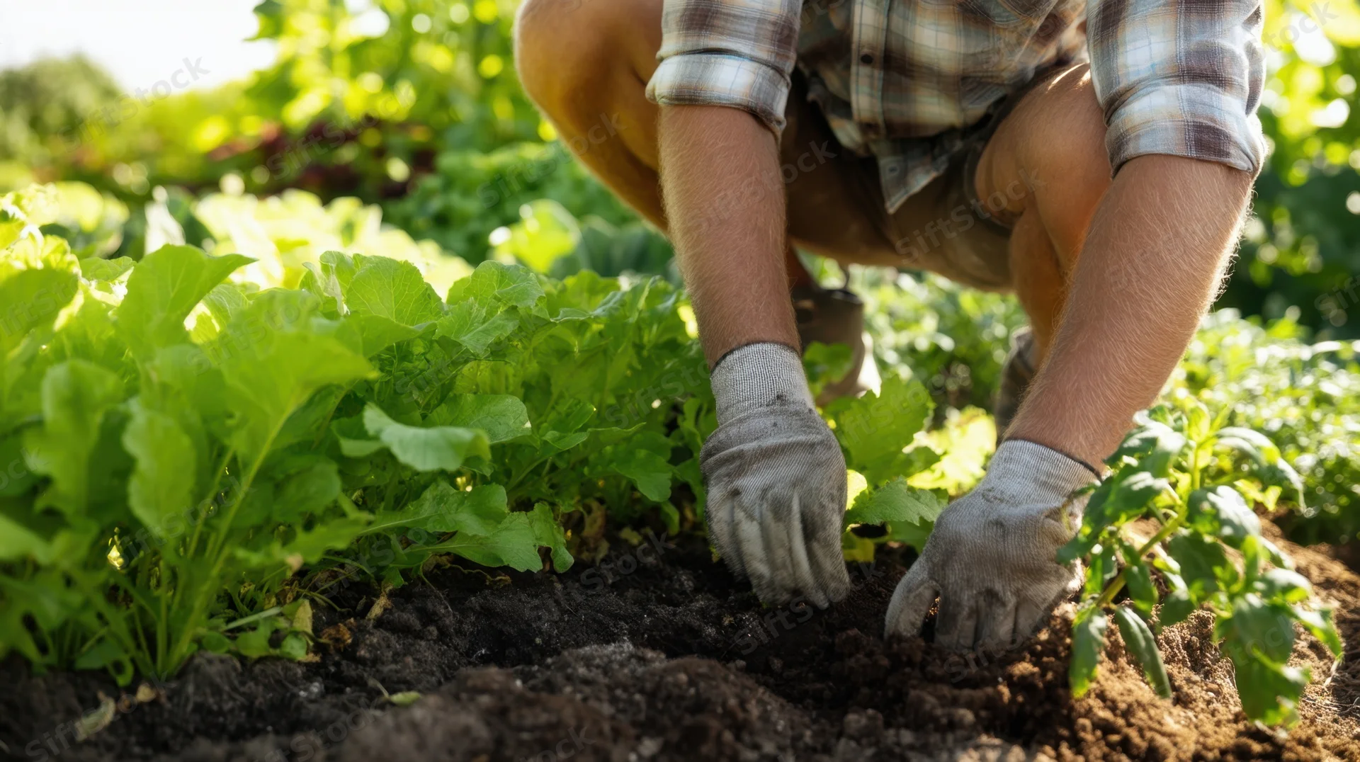 Farmer tending leafy vegetables in soil with gloves on hands in garden