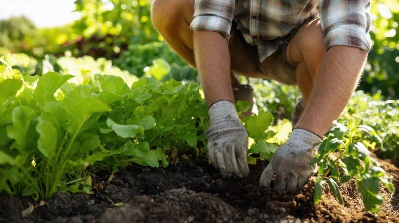 Farmer tending leafy vegetables in soil with gloves on hands in garden