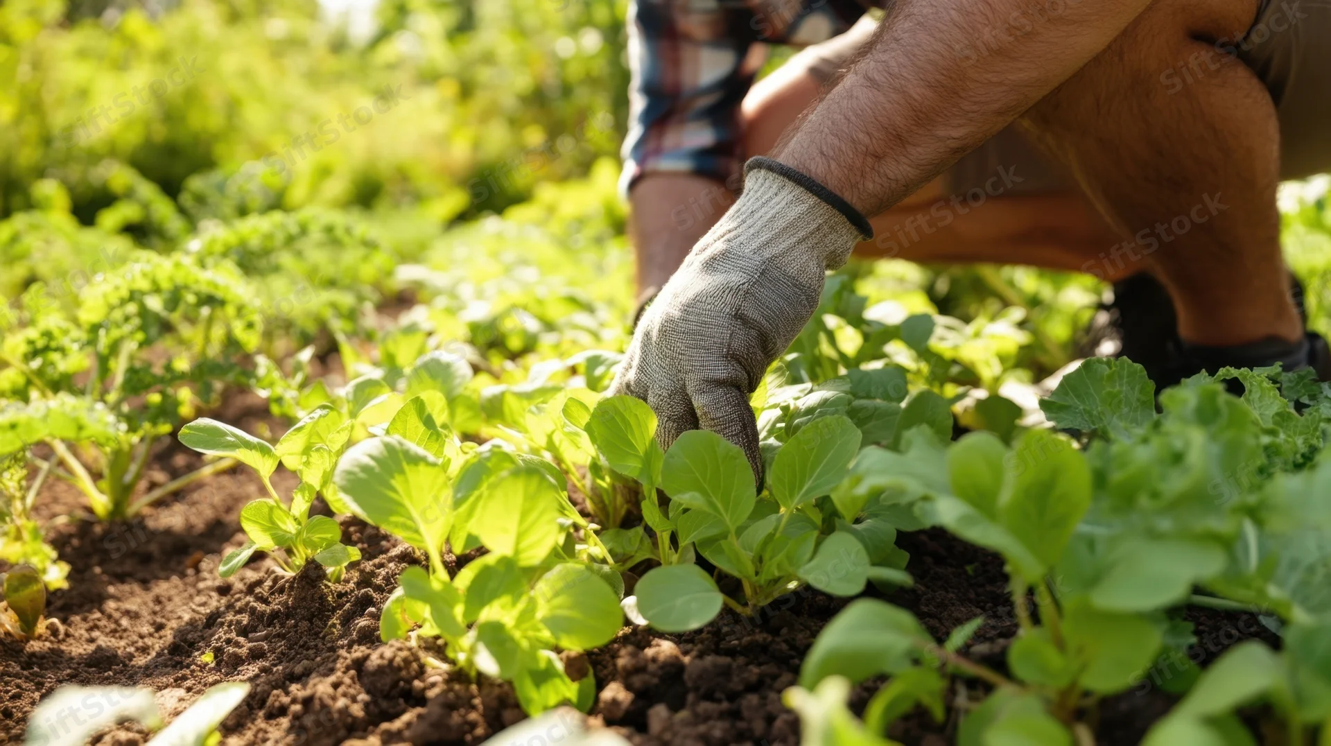 Farmer tending leafy green vegetables in a garden field