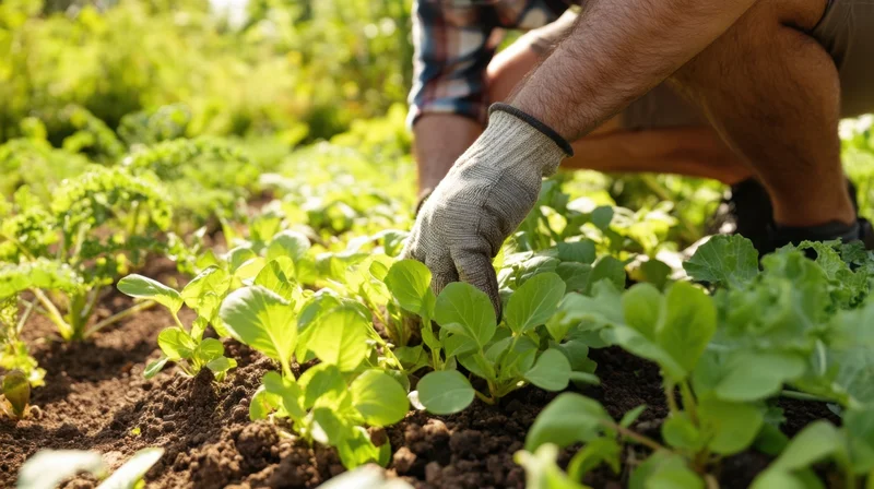 Farmer tending leafy green vegetables in a garden field