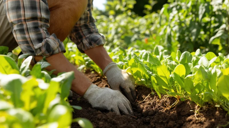 Farmer tending lettuce plants in a garden bed with gloved hands in soil