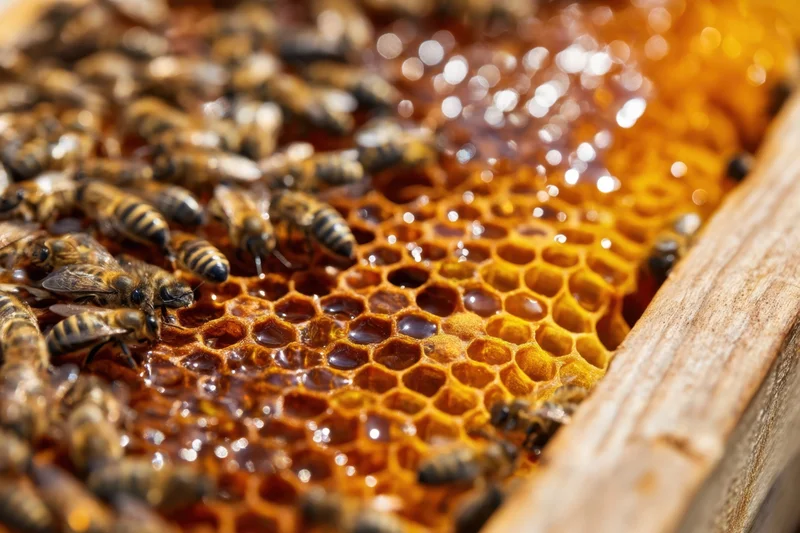 Honeybees crawling on a honeycomb filled with golden honey inside a wooden hive frame