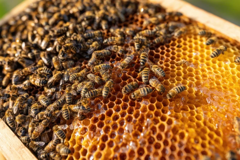 Honeybees crawling over honeycomb cells in a wooden frame filled with golden honey